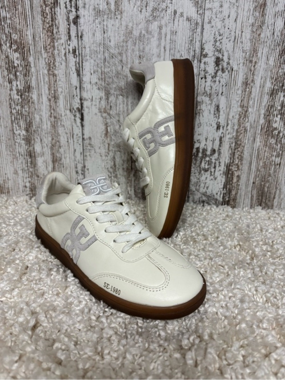 Sam Edelman Cream Leather Sneakers with Brown Gum Sole